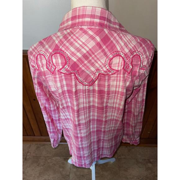 Womens Back in the Saddle Pink White Long Sleeve Button Down Shirt Size M‎ - Picture 7 of 10